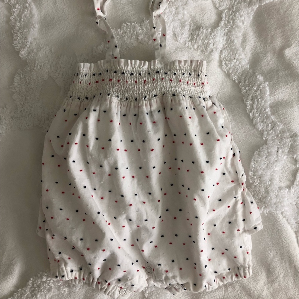 RED/WHITE/BLUE dot romper • ruffle • 12-18